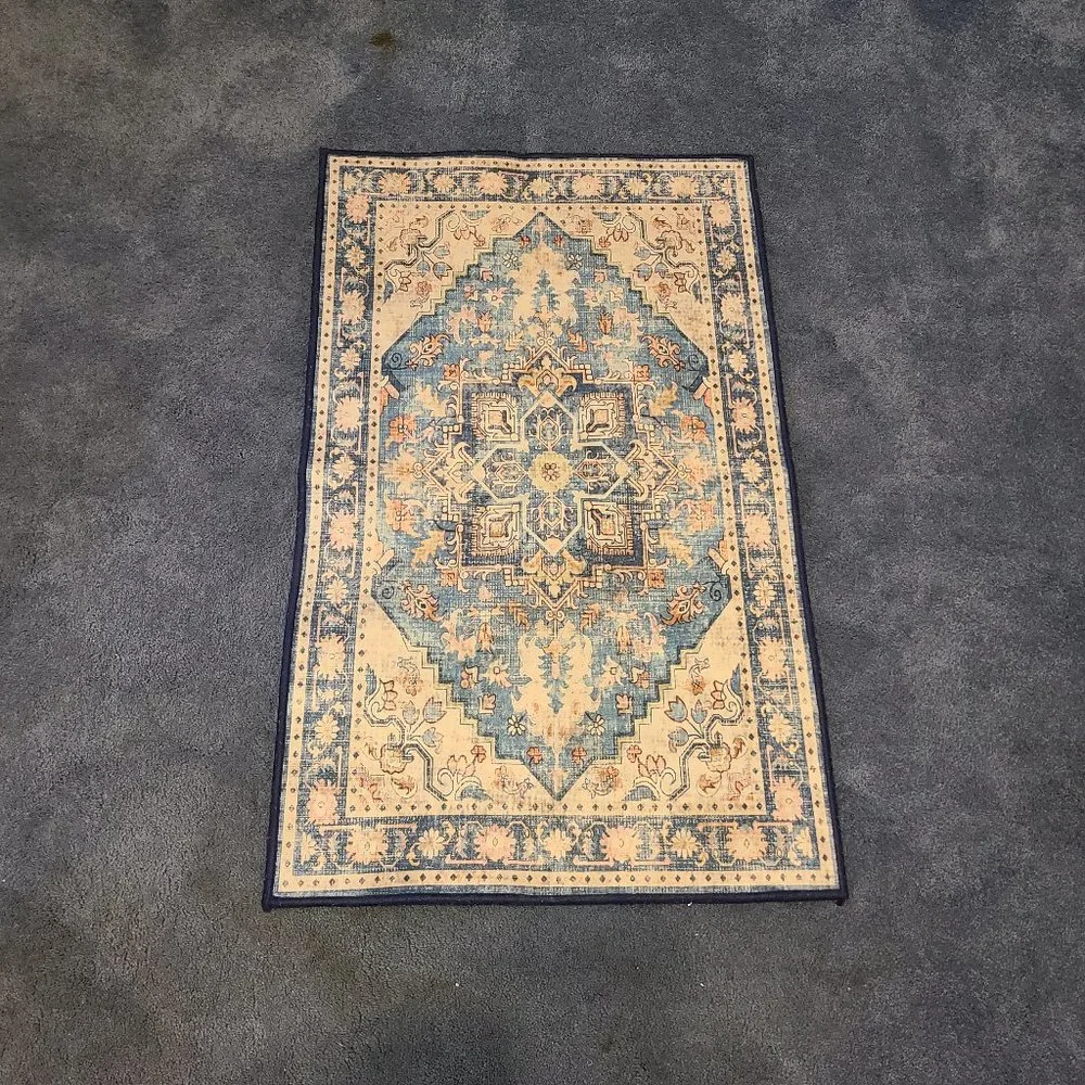 Printed Decorative Accent Medallion Area Rug 2’x3’ Blue Coral Beige Cream NWOT
